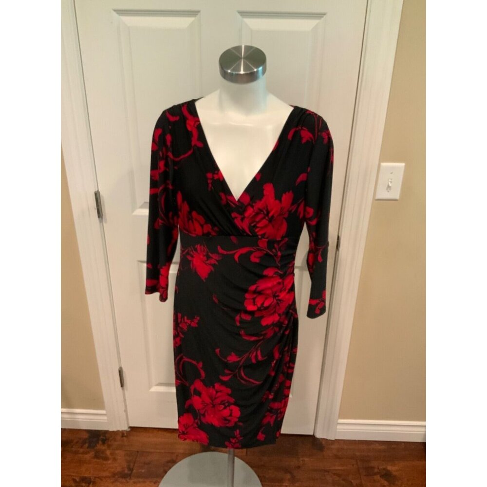 Lauren Ralph Lauren Black & Red Floral Faux Wrap Dress, Size 10